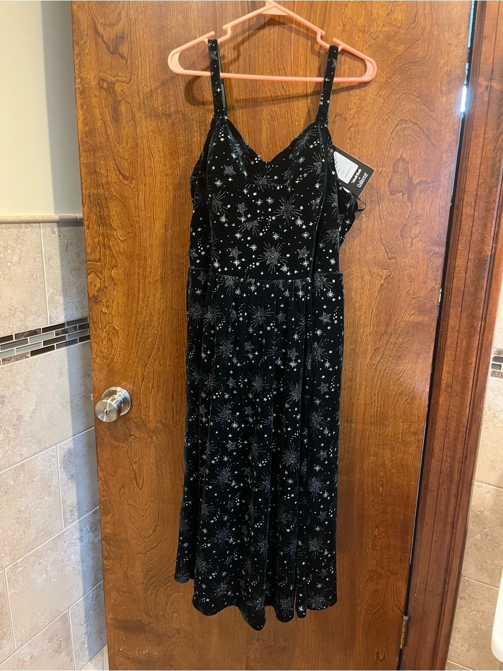 Modcloth Dark Green Velvet Starry-Print Midi Dress